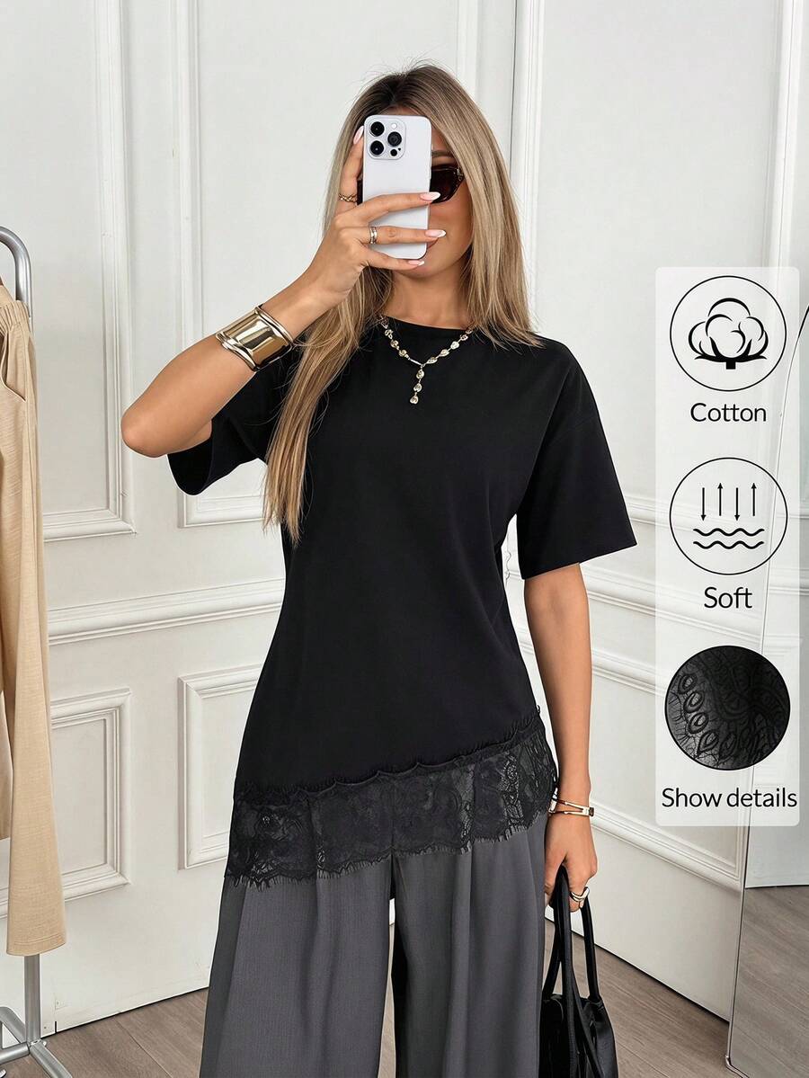 Easowa Áo thun nữ cổ tròn, vai rớt, eo thắt, vạt áo bất đối xứng, phối ren, chất liệu cotton cao cấp, kiểu dáng thường ngày thoải mái, thanh lịch, phù hợp đi làm, đi nghỉ mát, mùa xuân/hè. - màu đen - Xem 1