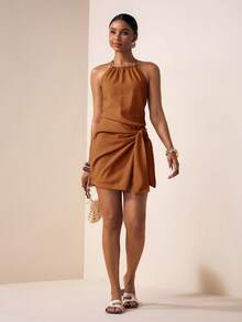 Zivah 2026 Spring,Summer Women's Rust Brown Linen Wrap-Up Mini Dress,Casual Vacation Holiday Boho Beach Airport Brunch Festivals Wedding Guest Attire - Redwood - View 8