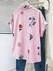 GlowEve Loose Short Sleeve Collared Shirt With Cuff Turnup, Striped Faux Embroidered Floral Pattern For Women - Pink - View 2