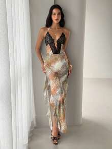 Aloruh Damen Frühlings- & Sommer-Urlaubskleid mit Leoparden Batik-Muster, Mesh-Muster, Neckholder, Spitzen-Patchwork, extra langem Schlitz und Rüschensaum - Verschiedenfarbig - Übersicht 3