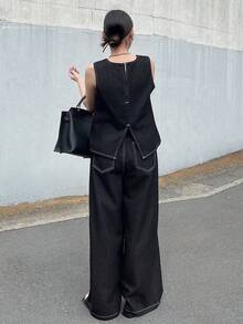 FRIFUL Conjunto de chaleco y pantalones de mezclilla casual para mujer - Azul - Ver 6