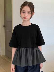 Dazy Kids Round Neck Splicing Letter Print Short Sleeve A-Line Tween Girls T-Shirt - Black - View 8
