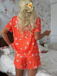 CottageSlumber Conjunto de pijama de manga corta y pantalones cortos de punto acanalado con estampado floral para mujer - Naranja - Ver 3