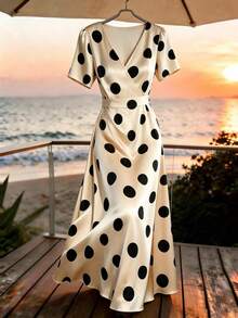 SHEIN Franclia Vestido elegante de mujer con cuello en V cruzado, volantes y estampado de lunares en forma de línea A - Albaricoque - Ver 1