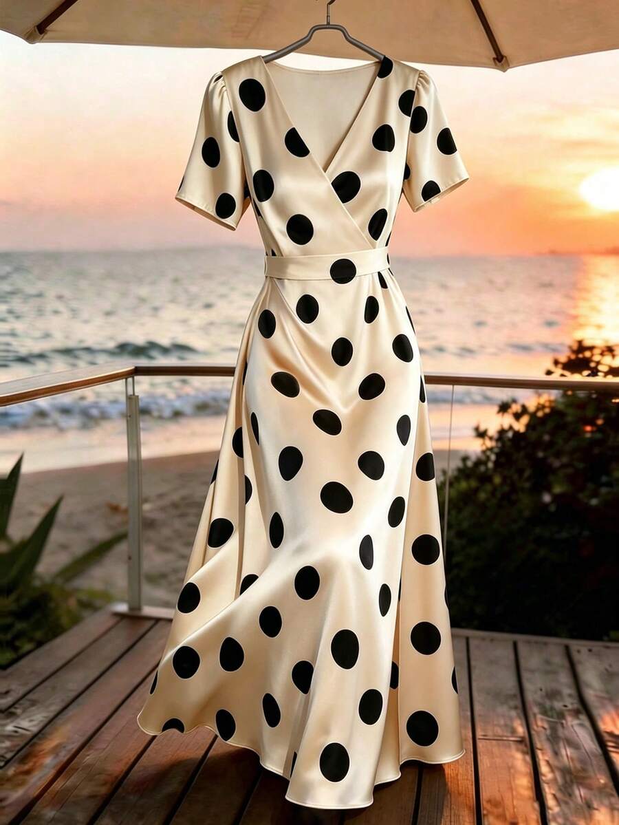 SHEIN Franclia Vestido elegante de mujer con cuello en V cruzado, volantes y estampado de lunares en forma de línea A - Albaricoque - Ver 1