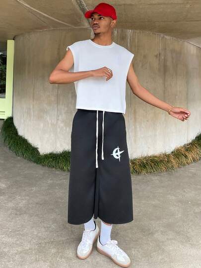 Ngobest Haus Ngobest Haus Manfinity Streetrush Men's Street Style Badge Graphic Print Drawstring Waist Casual Sweatpants, Loose Fit Sports Pants For Outdoor Wear, Suitable Gift For Husband Or Boyfriend
