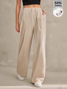 SHEIN Tall Pantalones casuales de mujer con estampado de rayas y bolsillo con nudo - Caqui - Ver 5