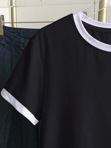 Resyla Plus Size Contrast Trim Embroidered Round Neck Casual Summer Short Sleeve T-Shirt - Black - View 4