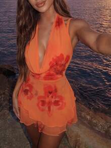 SHEIN Glamour Đầm mini cổ yếm cổ chữ V sâu gợi cảm mùa hè mới, đầm chiffon lưới in họa tiết màu cam, trang phục đi biển và hẹn hò cho các cô gái nóng bỏng, đầm ngắn hở lưng, thắt eo, xếp ly ở gấu váy, hoàn hảo cho chụp ảnh hoàng hôn, tiệc bể bơi, du lịch đảo, hẹn hò nhà hàng, tụ họp bạn gái và lễ hội âm nhạc. - Nhiều màu - Xem 2
