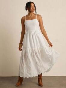Freevana Plus Size Women's Sleeveless All White Summer Boho Holiday Long Dress,Embroidered Textured Fabric,Elegant Loose Spaghetti Strap Flowy Beach Dress - White - View 1