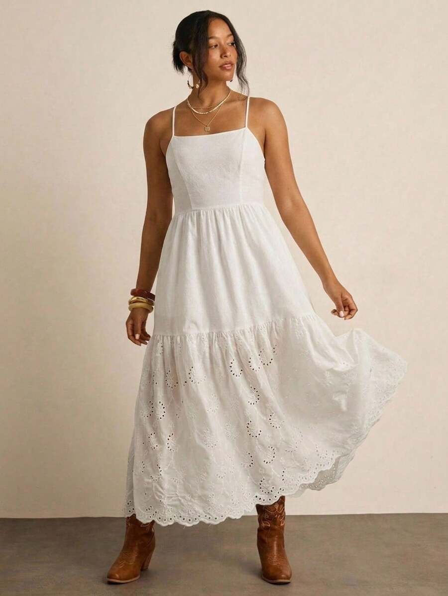 Freevana Plus Size Women's Sleeveless All White Summer Boho Holiday Long Dress,Embroidered Textured Fabric,Elegant Loose Spaghetti Strap Flowy Beach Dress - White - View 1