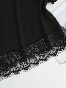 SHEIN Clasi 女款夏季黑色優雅夜出上衣，不對稱下擺蕾絲飾邊襯衫，短袖優雅蕾絲裝飾，派對雞尾酒會正式商務休閒 - 黑色 - 查看 4