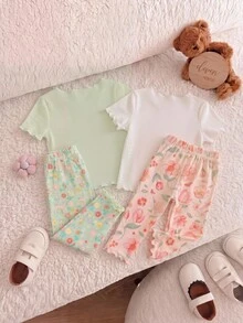 SHEIN Bộ 4 món đồ ngủ cho bé gái, họa tiết gấu hoạt hình dễ thương và hoa, cổ tròn, tay ngắn, viền bèo nhún, chất liệu dệt kim, thoải mái. - Nhiều màu - Xem 6