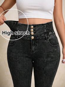 Elaquor Plus Size Casual High Waist Slim Fit Washed Jeans For Women,Dark Blue Winter Casual Night Out Club Y2K Leopard Print Cargo Denim Wide Leg Baggy Pants - Black - View 2