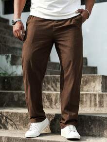 Manfinity Homme Pantalones casuales de algodón puro de talla grande para hombres con bolsillos en diagonal y cordón en la cintura - Café integral - Ver 4
