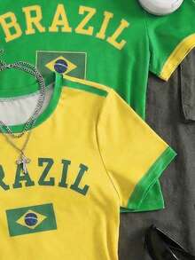 Áo thun croptop cho bé gái in họa tiết toàn thân, phối màu Dopamine, chủ đề Brazil, viền tương phản với họa tiết quốc kỳ, áo thun thường ngày phù hợp cho đi học, thể thao, mùa hè và mùa thu. - Nhiều màu - Xem 3