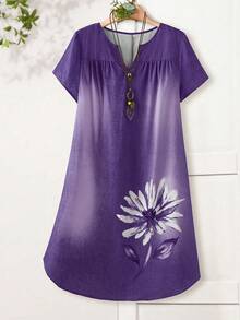 Rusticease Plus Size Women V-Neck Floral Print Ruched Casual Party Dress - Purple - View 7