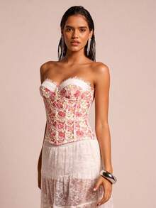 Glamine Charm Women's Elegant Floral Embroidery Lace Patchwork Corset Top,Cottagecore Bustier Camisole For Party Picnic Bride,White And Pink,Summer Fashion - Pink - View 4