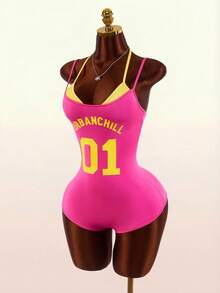 Amplova Women's Contrast Color Digit Print 2 In 1 Romper - Hot Pink - View 3