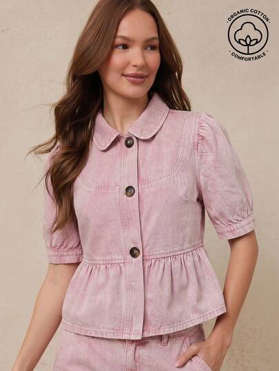 WESTFADE Collared Button Front Short Petal Sleeve Ruffle Peplum Cotton Blend Denim Top Country Western Summer Cowgirl Nashville Concert Outfit
