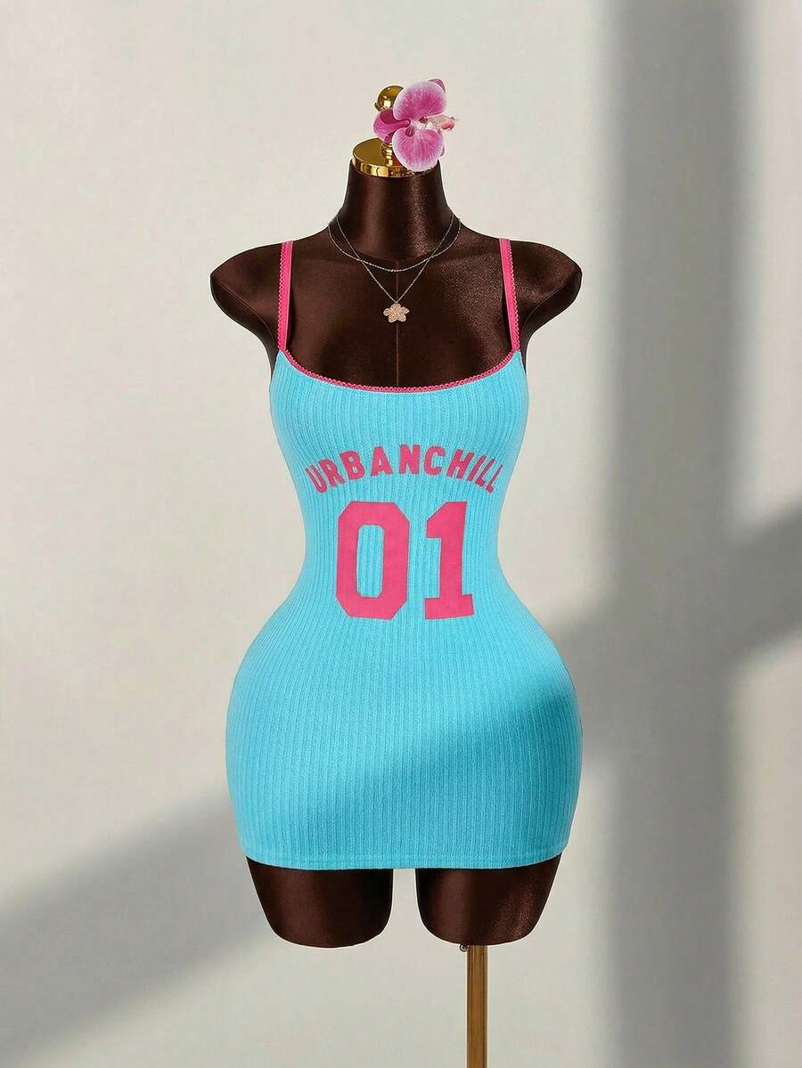 Amplova Sports Number Contrast Color Lace Patchwork Bodycon Mini Dress,Summer Dresses For Women - Teal Blue - View 1