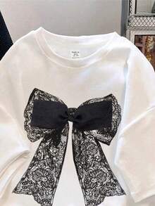 SHEIN EZwear 100%純棉女款休閒寬鬆圓領T恤，蝴蝶結裝飾，女款休閒夏季上衣 - 白色 - 查看 6