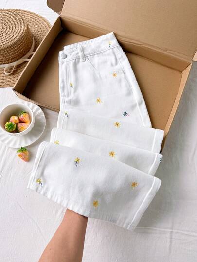 Comfortcana Women's Ditsy Floral Pocket Loose Wide Leg Casual Jeans Pants Summer Outfits For Women Festival Outfits For Women Beach Outfit For Women Birthday Outfits For Women Country Concert Outfit White Pants  Floral  Jeans Blossom Pants Cute Pants For Woman Light Weight Summer Pants Zumba Skirt