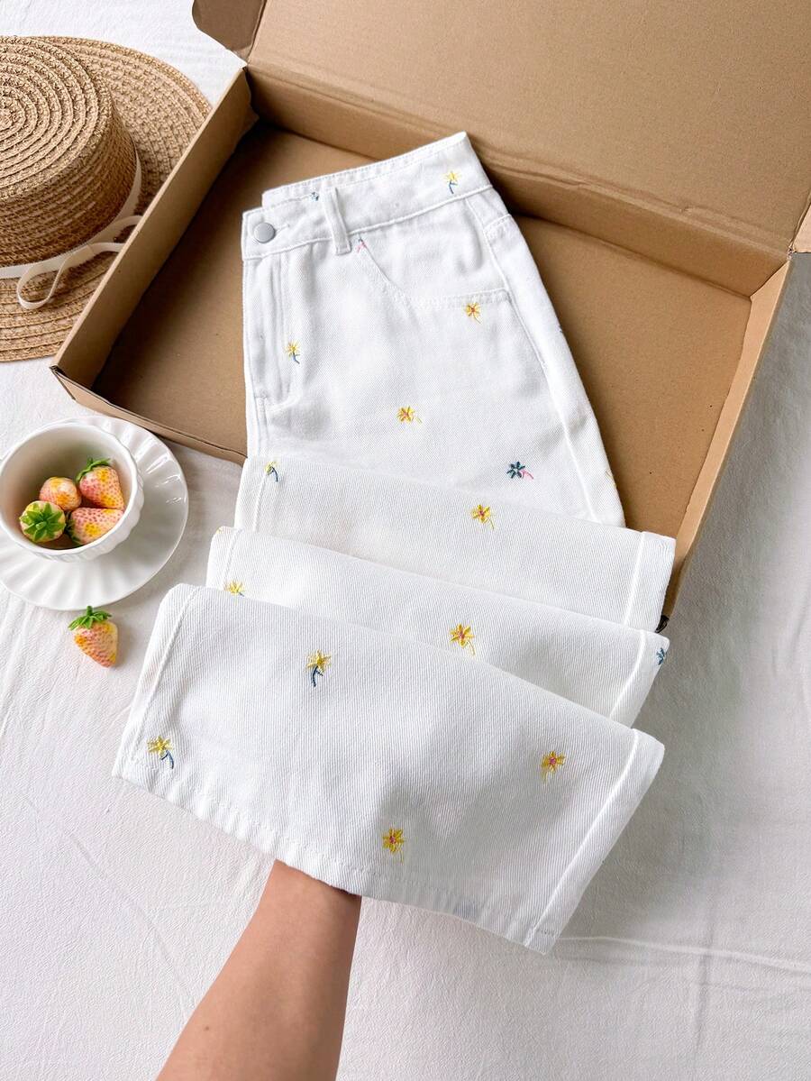 Comfortcana 女款白色刺繡碎花牛仔褲,夏季可愛度假寬腿寬鬆休閒長褲,附口袋,適合音樂節、海灘、生日、鄉村音樂會 - 粉色 - 查看 1