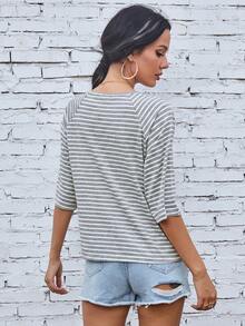 EMERY ROSE Raglan Sleeve Striped Print Tee Graphic Tees Women Tops - Grey - View 2