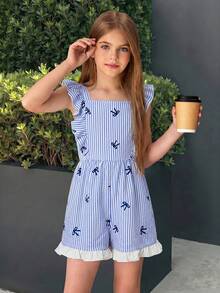 Firerie Kids Firerie Kids 适合度假的少女条纹方领短袖宽松连体裤 - 藍白色 - 查看 4