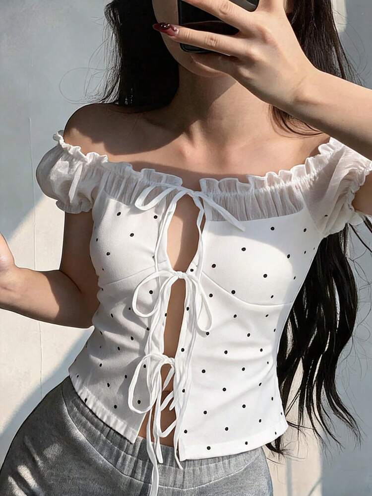 Women's Lace Patchwork Cinched Waist Short Sleeve Casual Vacation Blouse