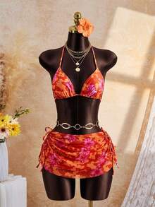 Bellisia 2026SS Tropischer Blume Muster Neckholder 3-teiliges Badeanzug Set, Urlaubs Strandmode für Frauen - Verschiedenfarbig - Übersicht 9