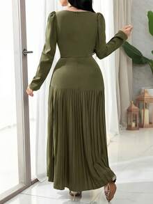 Feyla Women's Elegant Party Banquet Dress With Square Neckline, Puff Sleeves, Rhinestone Decor And Pleated Hem, Suitable For Spring And Autumn - Army Green - View 7