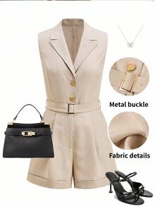 Ellevyn Notched Collar Cinched Waist Sleeveless Jumpsuit, Suitable For Commuting And Outings - Apricot - View 3