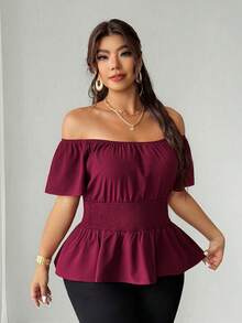 Elenzga Plus Size Women's Elegant Burgundy Summer Off-Shoulder Blouse,Elastic Waist Ruffle Hem Top,Wedding Guest Casual Wine Red Fashion For Vacation - Burgundy - View 4