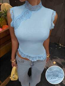 Muchica Damen Spitze Patchwork Slim Fit einfarbiges lässig Trägershirt, Sommer - Blau - Übersicht 1