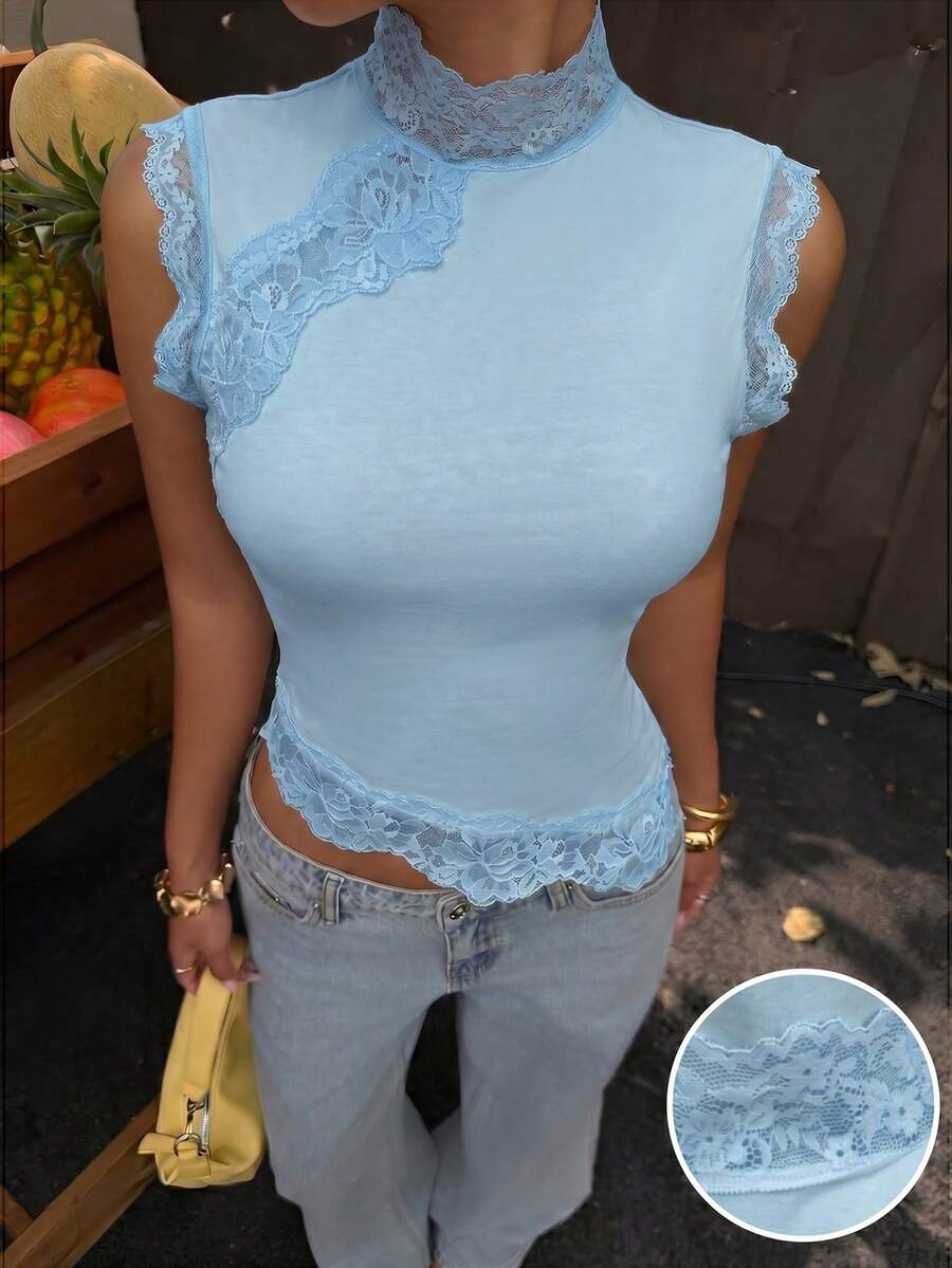 Muchica Damen Spitze Patchwork Slim Fit einfarbiges lässig Trägershirt, Sommer - Blau - Übersicht 1