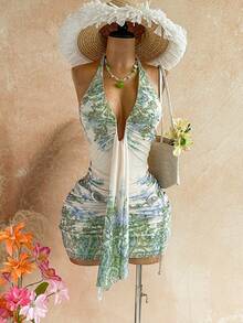 Vestido mini con estampado floral, diseño de lazo y escote halter, para vacaciones - Multicolor 2 - Ver 8