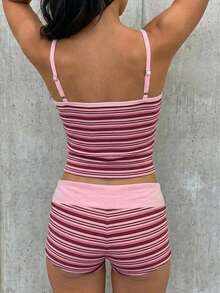 SHEIN EZwear 女士条纹吊带背心和短裤休闲套装 - 彩色 - 查看 2
