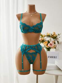 Esselle Bộ đồ lót lưới thêu mỏng có gọng 5 món lãng mạn dành cho nữ - Màu xanh Cadet - Xem 1