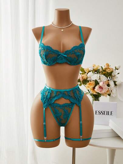 Esselle 5 قطع مجموعة ملابس داخلية نسائية رومانسية من الشبك المطرز الشفاف مع سلك داخلي