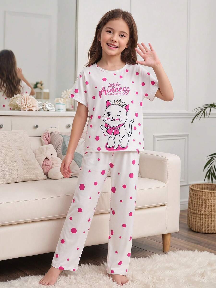 Genkimix Kids Bộ đồ ngủ 2 mảnh cho bé gái, áo cổ tròn tay ngắn và quần dài, màu trắng hồng chấm bi và in hình mèo hoạt hình, thích hợp cho mùa xuân thu. Chất liệu vải dệt kim mềm mại, thoải mái, rộng rãi, thoáng khí, thân thiện với da, thích hợp mặc hàng ngày. Thiết kế dễ thương, chất lượng cao, quần áo mặc nhà thời trang. - Đỏ và trắng - Xem 1