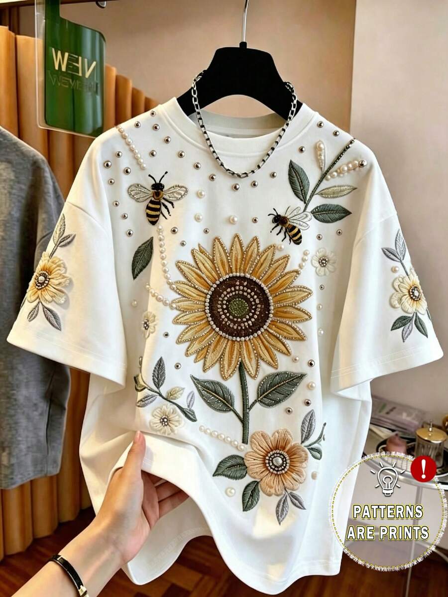 Franclia Áo thun cổ tròn in hình hoa hướng dương mùa hè, thanh lịch, giản dị, đa năng, thích hợp mặc hàng ngày, ngoài trời, mua sắm, du lịch. - Nhiều màu - Xem 1
