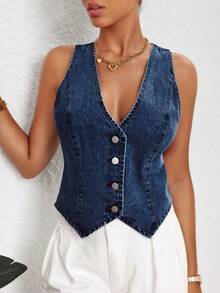 Selenza Chaqueta informal de mezclilla con cuello en V y abotonadura sencilla para mujer, primavera y verano - Azul lavado oscuro - Ver 4