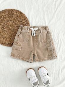 Pantalones cortos de carga de mezclilla holgados de color caqui para niños pequeños - Caqui - Ver 7