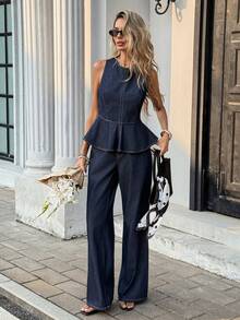 SHEIN PETITE Bộ đồ denim hai mảnh dành cho nữ cỡ nhỏ, áo peplum không tay và quần ống rộng, trang phục thường ngày thanh lịch và thoải mái cho mùa hè. - Rửa tối - Xem 6