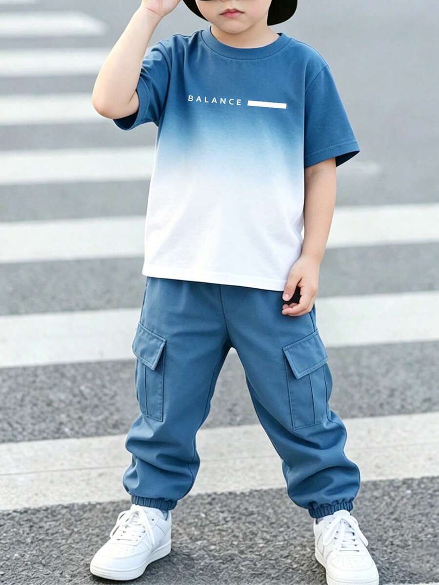 男童渐变色印花短袖T恤和工装裤套装,时尚休闲装,适合春夏各种场合,如派对、节日、休闲外出等。 - 彩色 - 查看 1