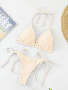 Oceva Solid Color Sexy Strap Bikini Swimwear Set, Beach Wear For Women - Apricot - View 5