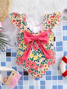 SHEIN Babygirl Fitted Casual Minimalist Comfortable Round Neck Backside Bow Decor Swimsuit - Multicolor - View 4