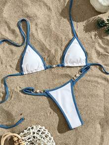Swim Vcay Swimsuits For Woman Summer Beach Rib Binding Trim Halter Micro Triangle Bikini - White - View 1